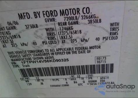 2006 Ford Lgt Convtnl 'F' F150 z USA, uszkodzony, nr VIN 1FTPW14V56KD90325